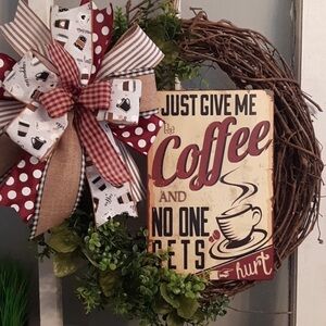 Coffee Bar Theme Wreath Grapevine HandCrafted Accent Bow Giftable Final Sale